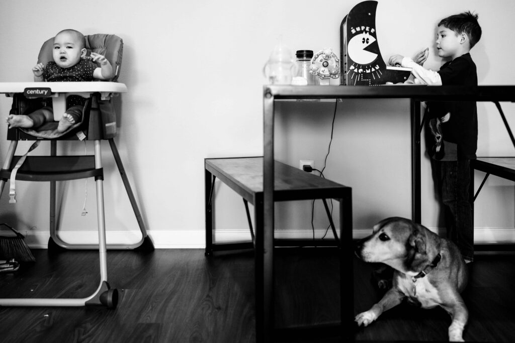 a baby and toddler have a snack in the kitchen during an in home family photography session 